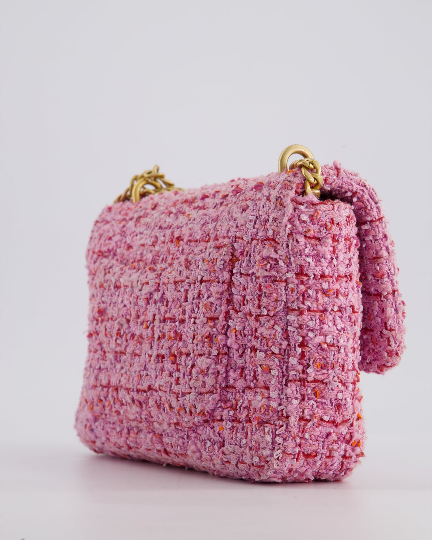 Chanel Pink & Lilac Tweed Seasonal Single Flap Bag with Brushed Gold Hardware & Pink CC Logo