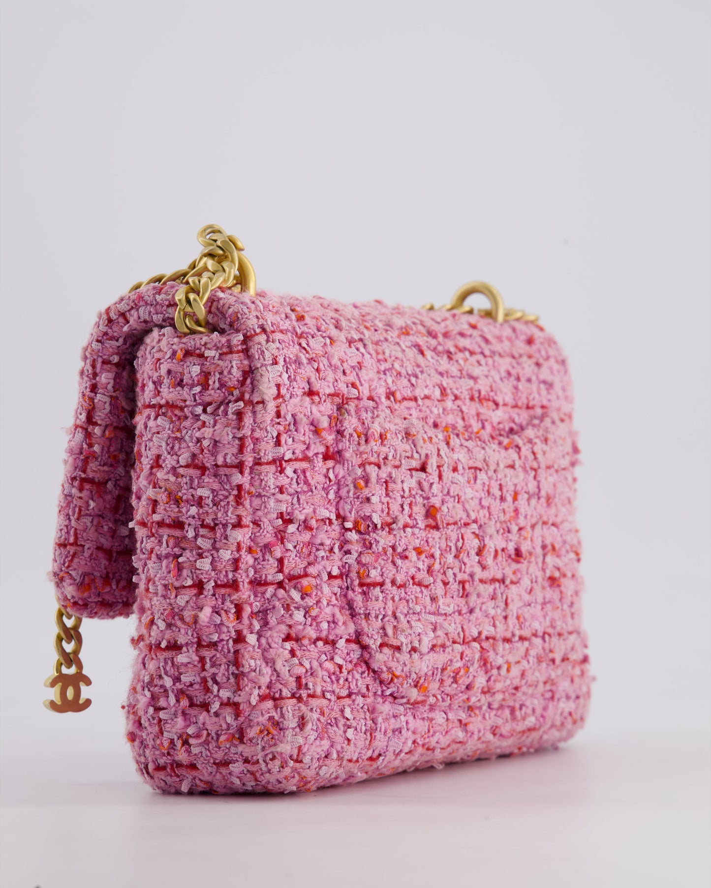 Chanel Pink & Lilac Tweed Seasonal Single Flap Bag with Brushed Gold Hardware & Pink CC Logo