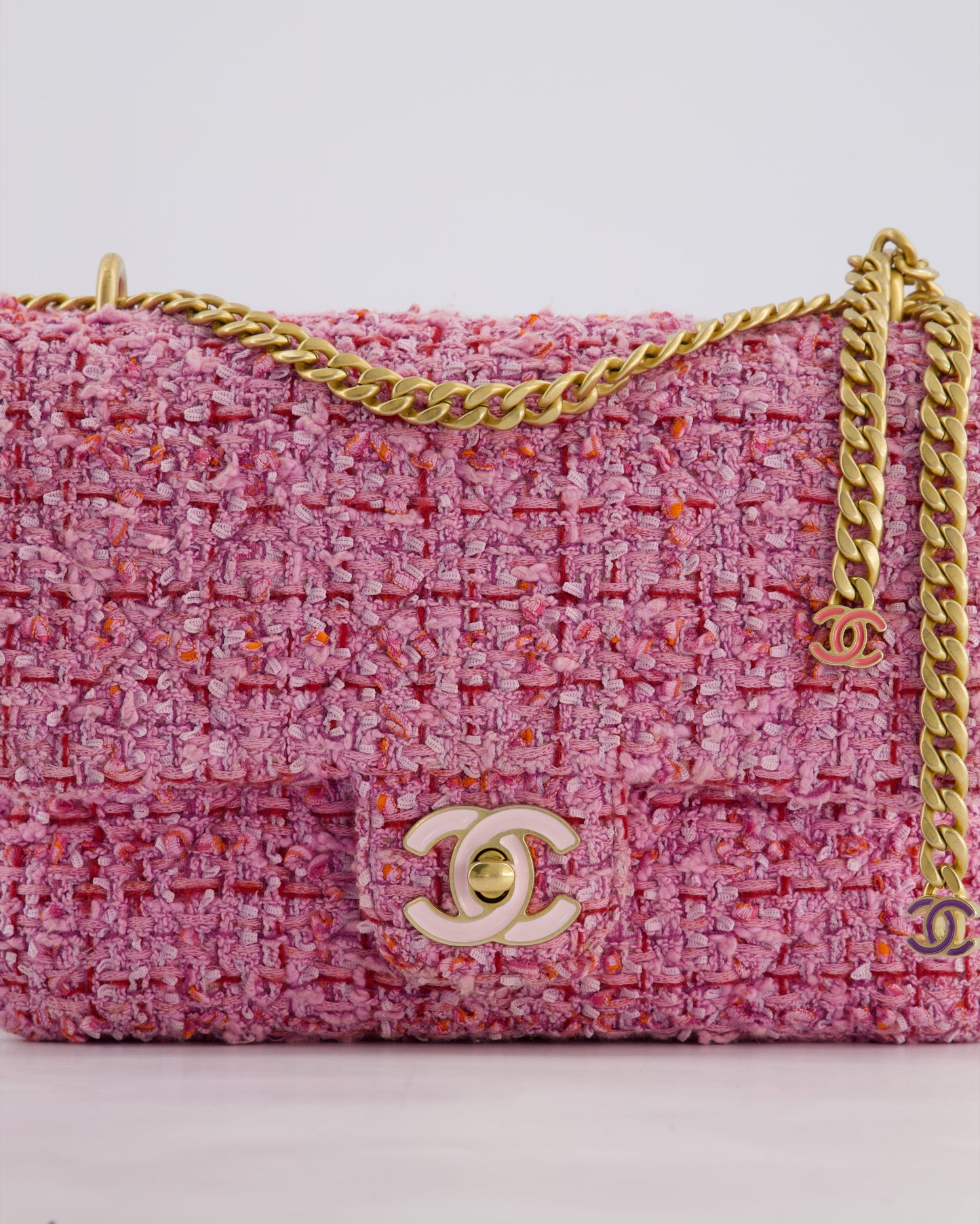 Chanel Pink & Lilac Tweed Seasonal Single Flap Bag with Brushed Gold Hardware & Pink CC Logo