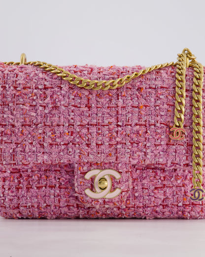 Chanel Pink & Lilac Tweed Seasonal Single Flap Bag with Brushed Gold Hardware & Pink CC Logo