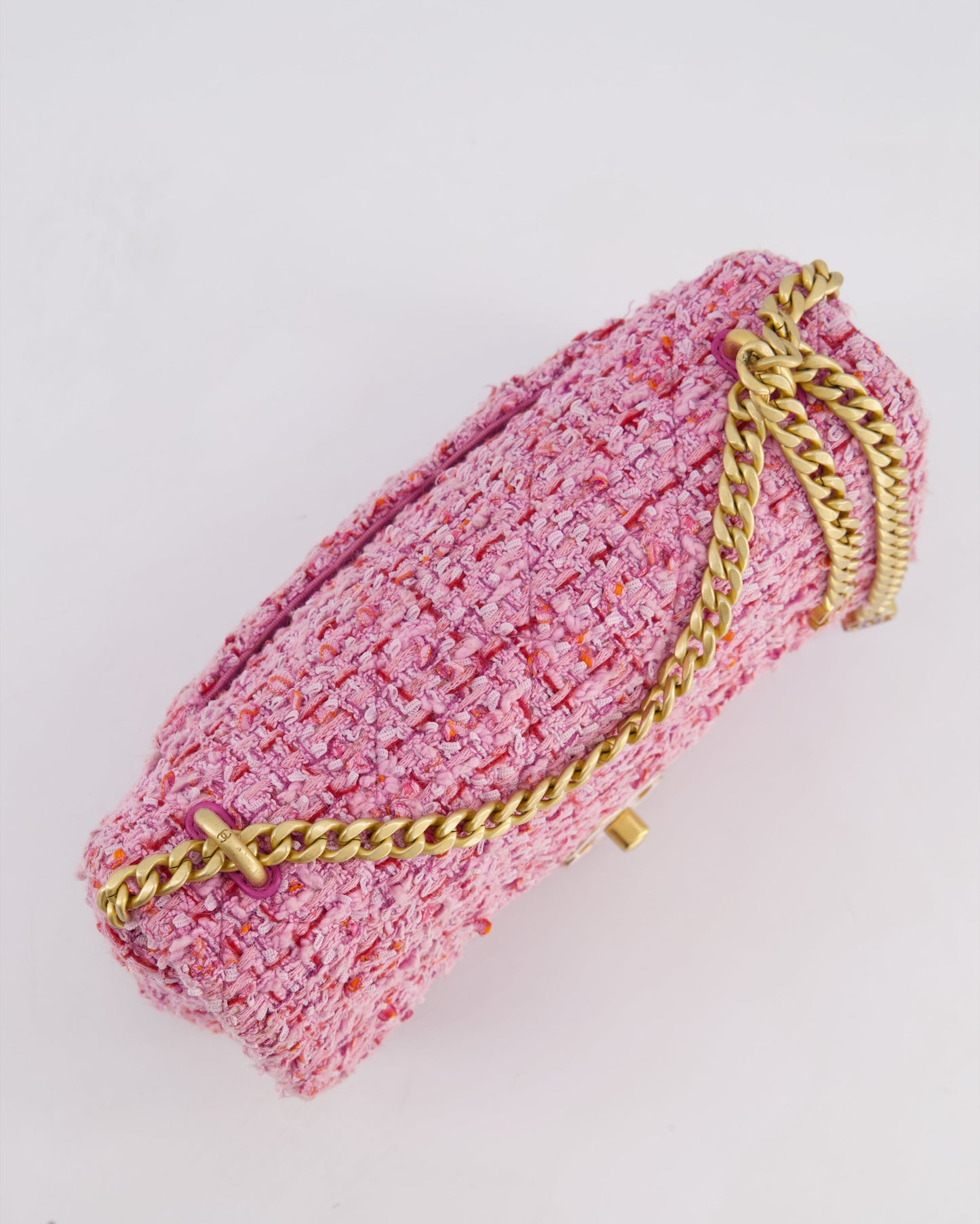 Chanel Pink & Lilac Tweed Seasonal Single Flap Bag with Brushed Gold Hardware & Pink CC Logo