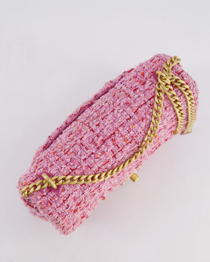 Chanel Pink & Lilac Tweed Seasonal Single Flap Bag with Brushed Gold Hardware & Pink CC Logo