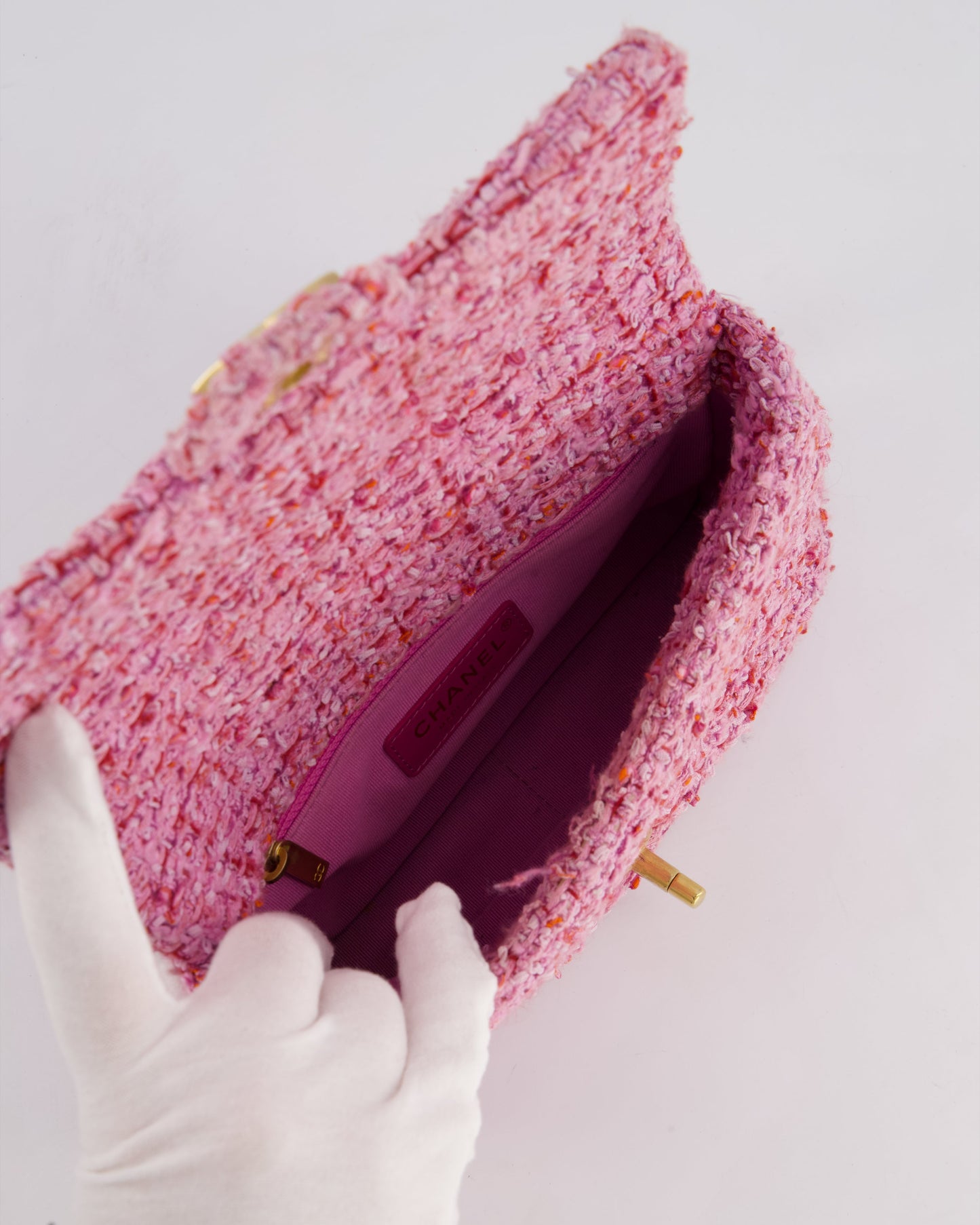 Chanel Pink & Lilac Tweed Seasonal Single Flap Bag with Brushed Gold Hardware & Pink CC Logo