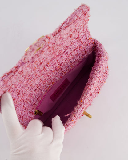 Chanel Pink & Lilac Tweed Seasonal Single Flap Bag with Brushed Gold Hardware & Pink CC Logo