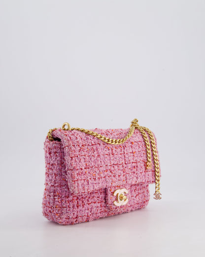Chanel Pink & Lilac Tweed Seasonal Single Flap Bag with Brushed Gold Hardware & Pink CC Logo