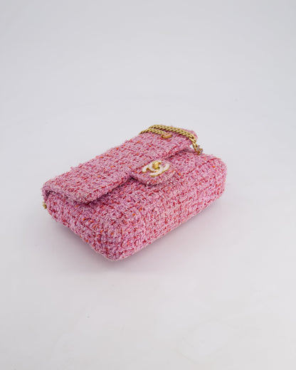 Chanel Pink & Lilac Tweed Seasonal Single Flap Bag with Brushed Gold Hardware & Pink CC Logo