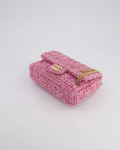 Chanel Pink & Lilac Tweed Seasonal Single Flap Bag with Brushed Gold Hardware & Pink CC Logo