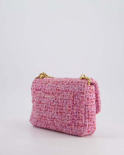 Chanel Pink & Lilac Tweed Seasonal Single Flap Bag with Brushed Gold Hardware & Pink CC Logo