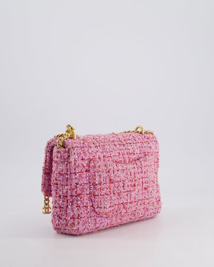 Chanel Pink & Lilac Tweed Seasonal Single Flap Bag with Brushed Gold Hardware & Pink CC Logo