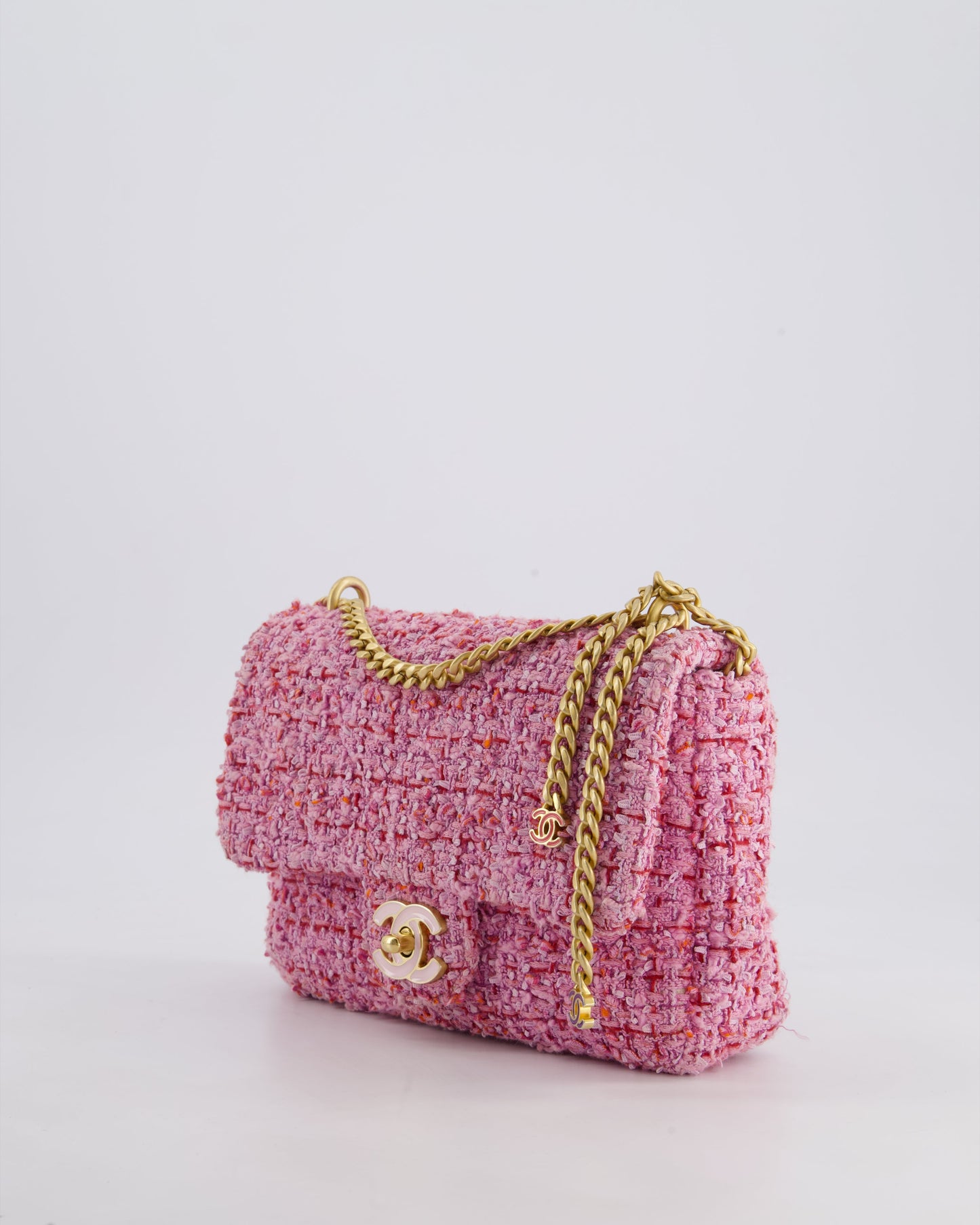 Chanel Pink & Lilac Tweed Seasonal Single Flap Bag with Brushed Gold Hardware & Pink CC Logo