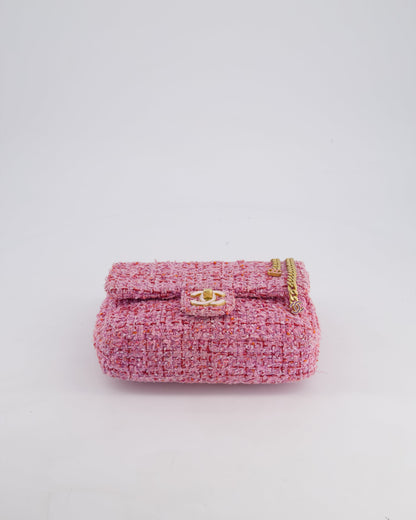 Chanel Pink & Lilac Tweed Seasonal Single Flap Bag with Brushed Gold Hardware & Pink CC Logo