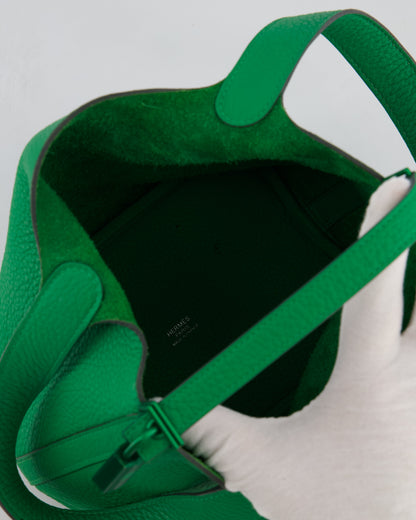Hermès Picotin Lock 18cm in Bamboo Clemence Leather with Metallic Green Hardware