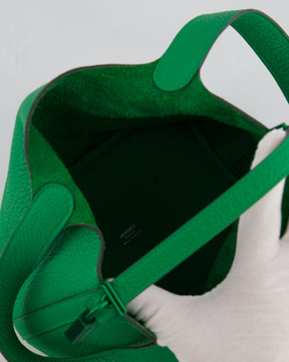 Hermès Picotin Lock 18cm in Bamboo Clemence Leather with Metallic Green Hardware