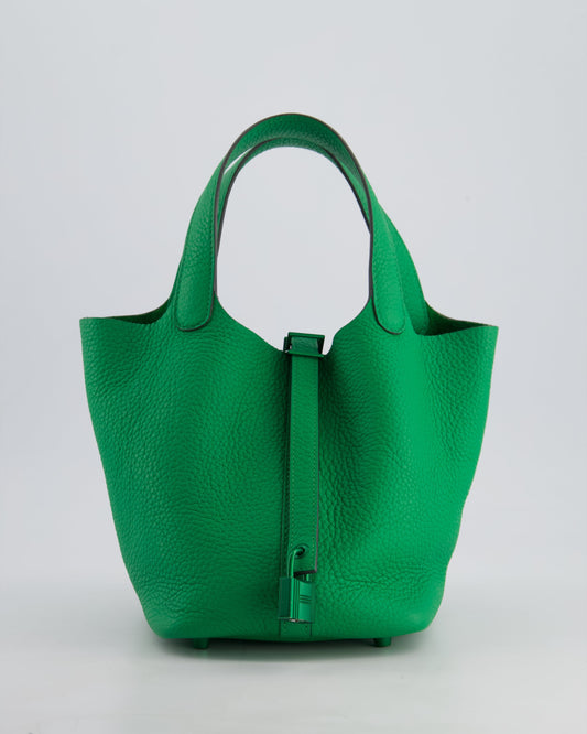 Hermès Picotin Lock 18cm in Bamboo Clemence Leather with Metallic Green Hardware