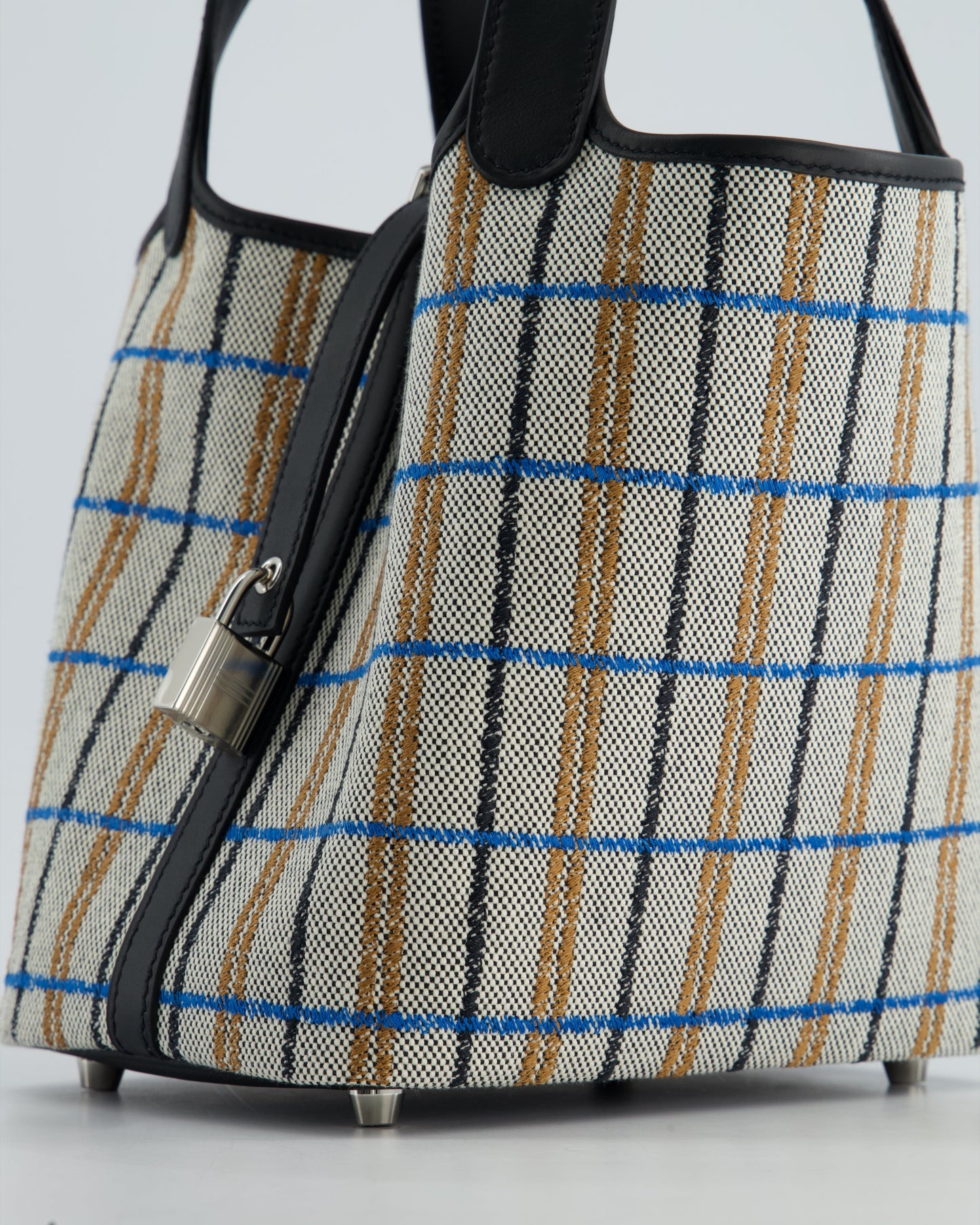 Hermes Picotin 18cm Broderie Couverture in Ecru, Noir, Fauve, Bleu Zanzibar Toile Canvas & Noir Swift Leather with Palladium Hardware