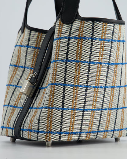 Hermes Picotin 18cm Broderie Couverture in Ecru, Noir, Fauve, Bleu Zanzibar Toile Canvas & Noir Swift Leather with Palladium Hardware