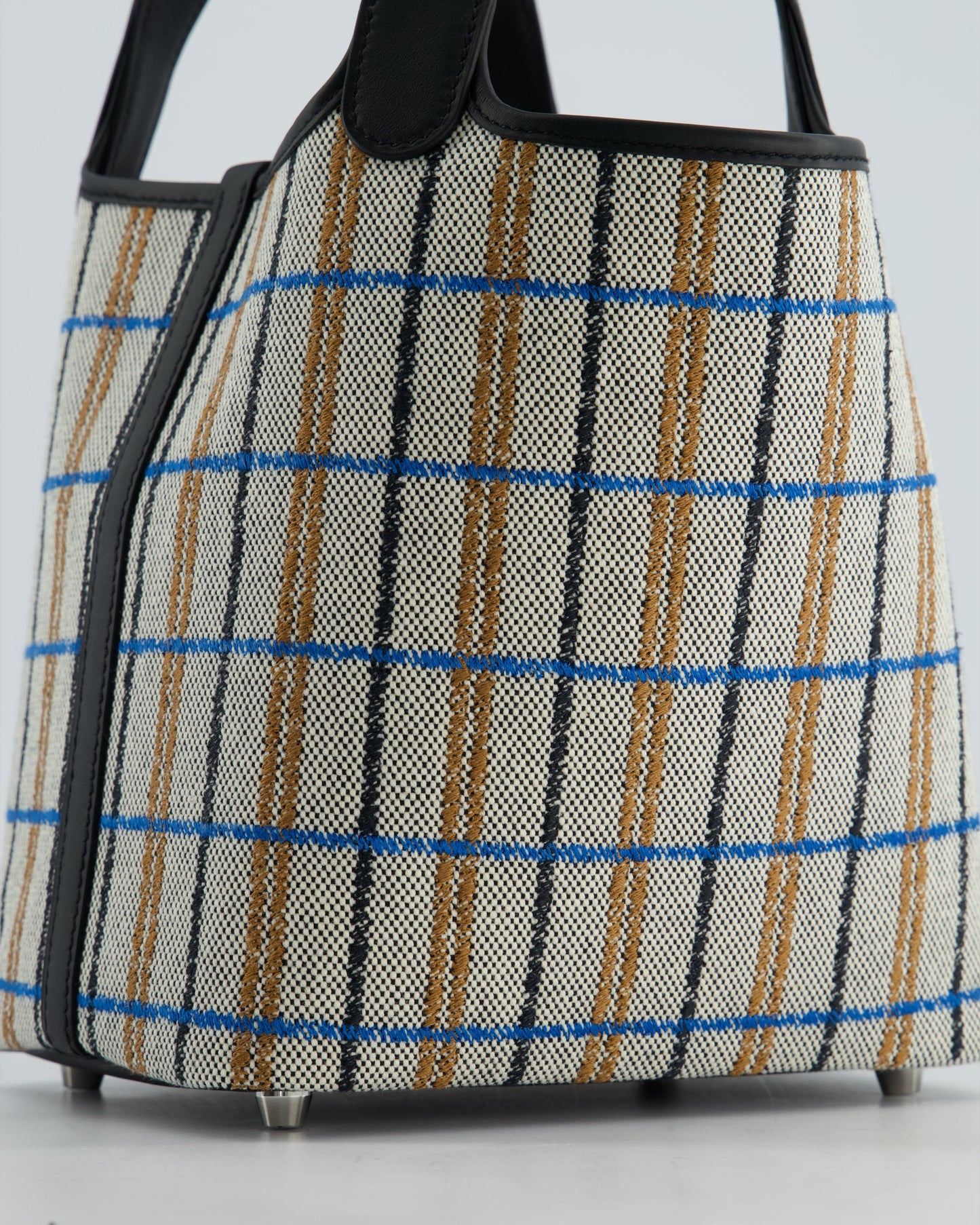 Hermes Picotin 18cm Broderie Couverture in Ecru, Noir, Fauve, Bleu Zanzibar Toile Canvas & Noir Swift Leather with Palladium Hardware