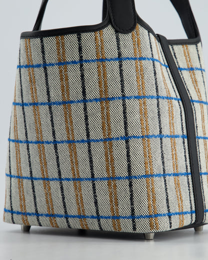 Hermes Picotin 18cm Broderie Couverture in Ecru, Noir, Fauve, Bleu Zanzibar Toile Canvas & Noir Swift Leather with Palladium Hardware