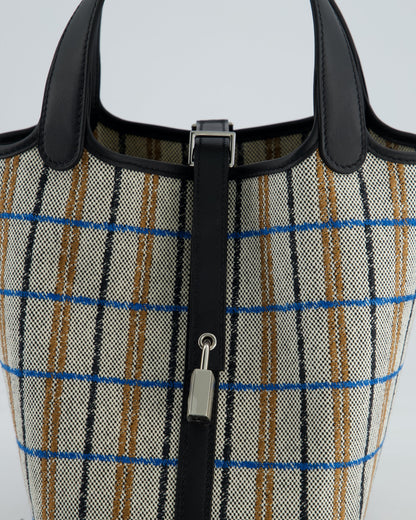 Hermes Picotin 18cm Broderie Couverture in Ecru, Noir, Fauve, Bleu Zanzibar Toile Canvas & Noir Swift Leather with Palladium Hardware