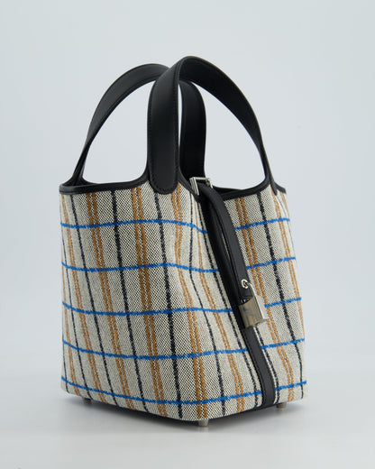 Hermes Picotin 18cm Broderie Couverture in Ecru, Noir, Fauve, Bleu Zanzibar Toile Canvas & Noir Swift Leather with Palladium Hardware