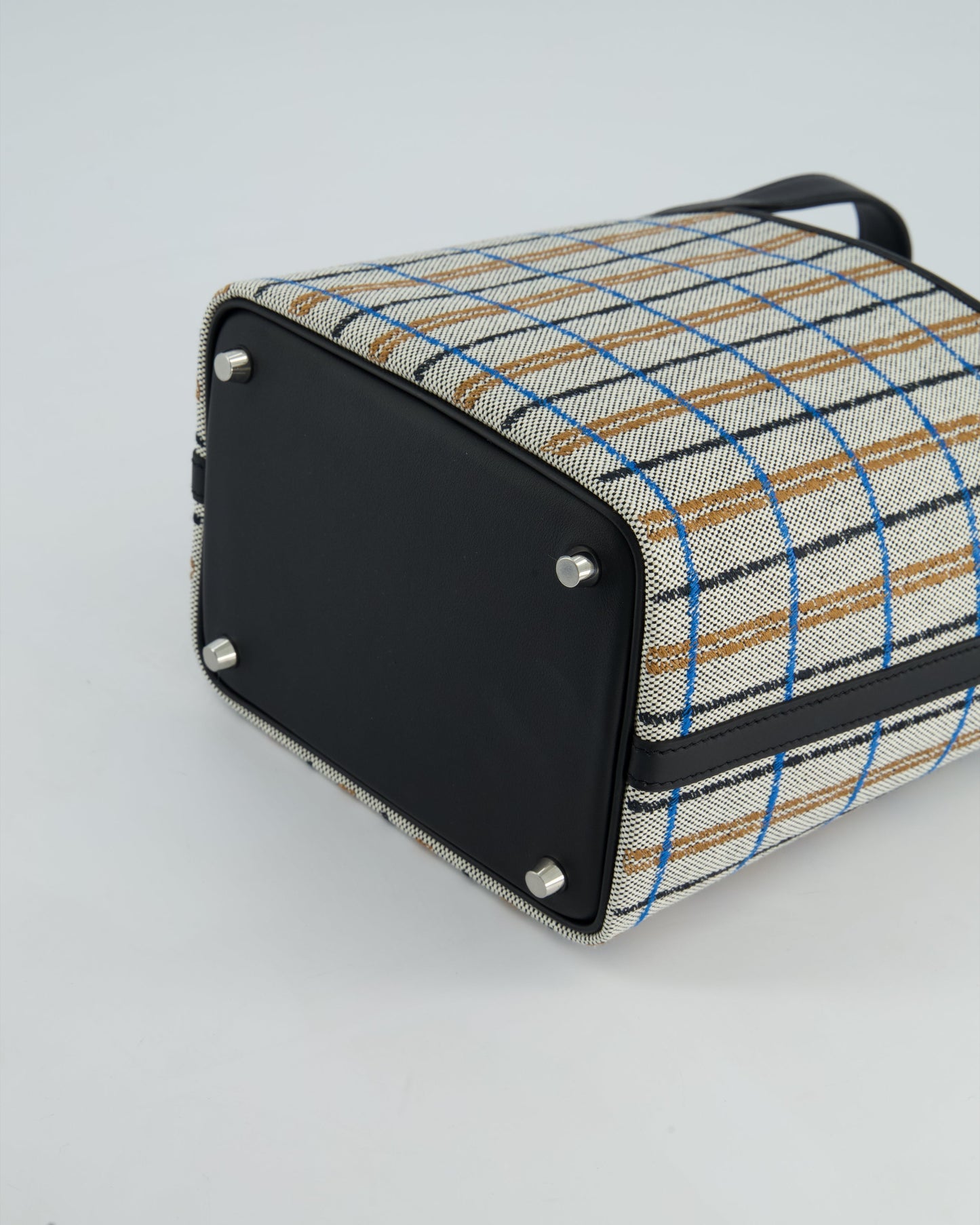 Hermes Picotin 18cm Broderie Couverture in Ecru, Noir, Fauve, Bleu Zanzibar Toile Canvas & Noir Swift Leather with Palladium Hardware