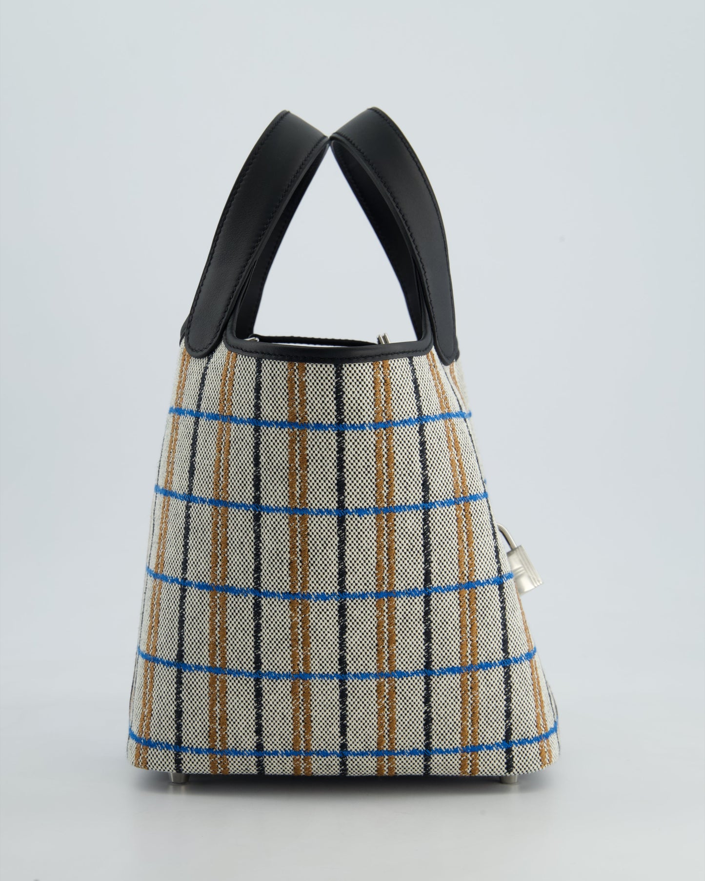 Hermes Picotin 18cm Broderie Couverture in Ecru, Noir, Fauve, Bleu Zanzibar Toile Canvas & Noir Swift Leather with Palladium Hardware