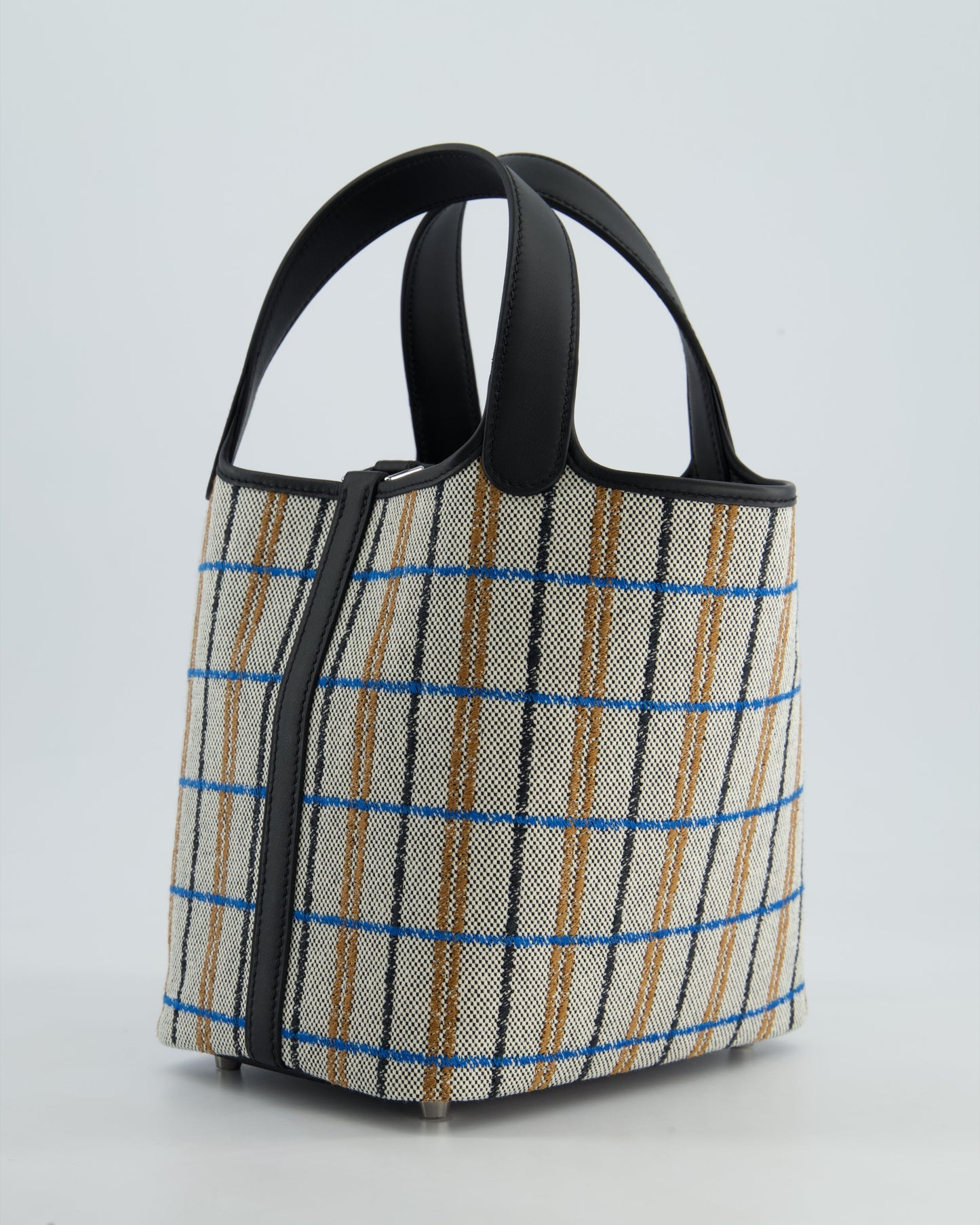 Hermes Picotin 18cm Broderie Couverture in Ecru, Noir, Fauve, Bleu Zanzibar Toile Canvas & Noir Swift Leather with Palladium Hardware