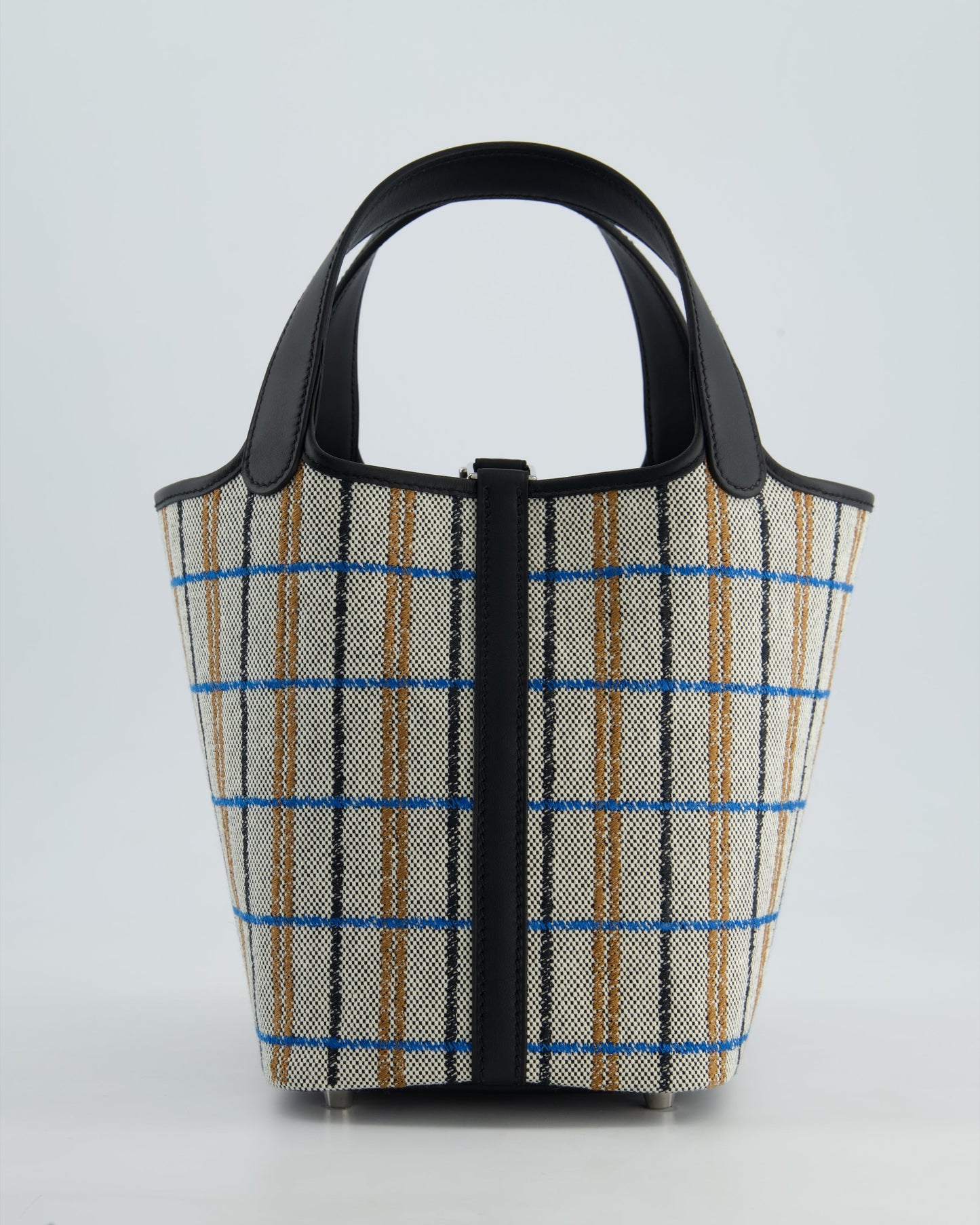 Hermes Picotin 18cm Broderie Couverture in Ecru, Noir, Fauve, Bleu Zanzibar Toile Canvas & Noir Swift Leather with Palladium Hardware