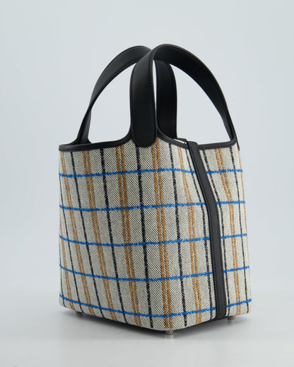 Hermes Picotin 18cm Broderie Couverture in Ecru, Noir, Fauve, Bleu Zanzibar Toile Canvas & Noir Swift Leather with Palladium Hardware