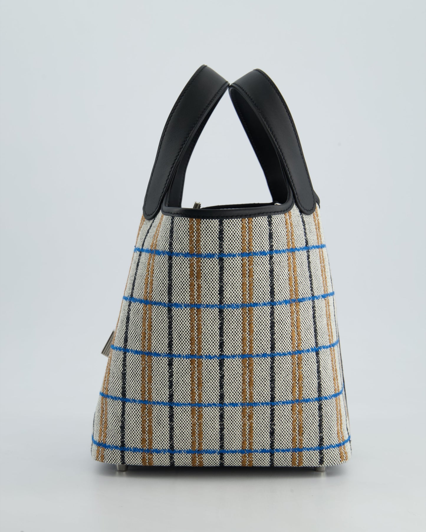 Hermes Picotin 18cm Broderie Couverture in Ecru, Noir, Fauve, Bleu Zanzibar Toile Canvas & Noir Swift Leather with Palladium Hardware