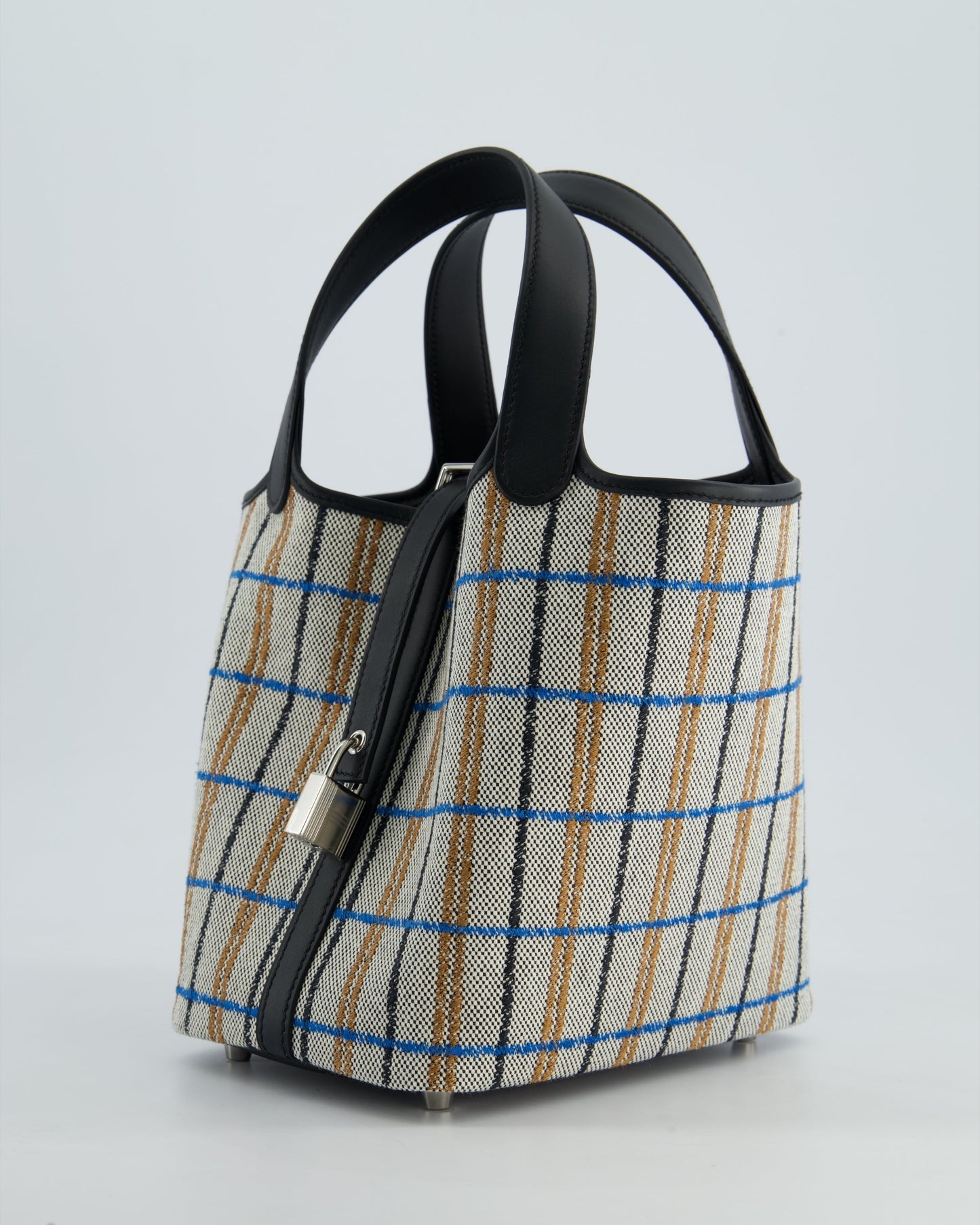 Hermes Picotin 18cm Broderie Couverture in Ecru, Noir, Fauve, Bleu Zanzibar Toile Canvas & Noir Swift Leather with Palladium Hardware