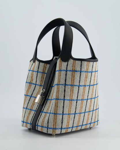 Hermes Picotin 18cm Broderie Couverture in Ecru, Noir, Fauve, Bleu Zanzibar Toile Canvas & Noir Swift Leather with Palladium Hardware