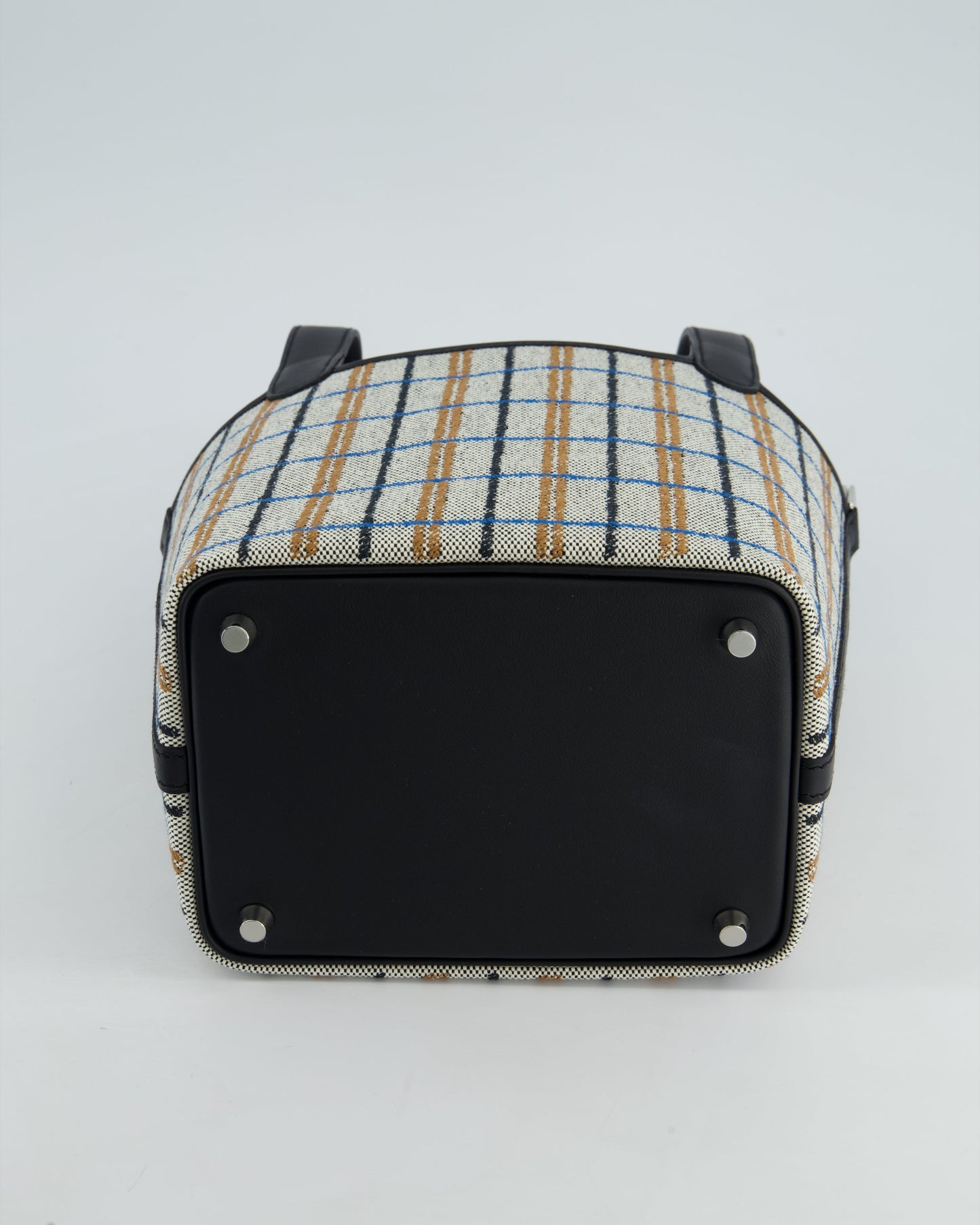 Hermes Picotin 18cm Broderie Couverture in Ecru, Noir, Fauve, Bleu Zanzibar Toile Canvas & Noir Swift Leather with Palladium Hardware