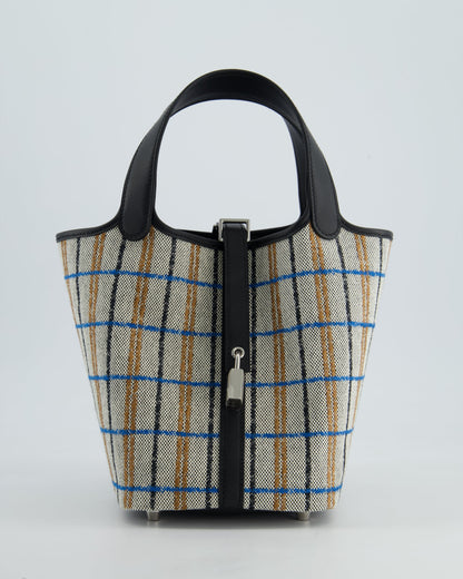 Hermes Picotin 18cm Broderie Couverture in Ecru, Noir, Fauve, Bleu Zanzibar Toile Canvas & Noir Swift Leather with Palladium Hardware