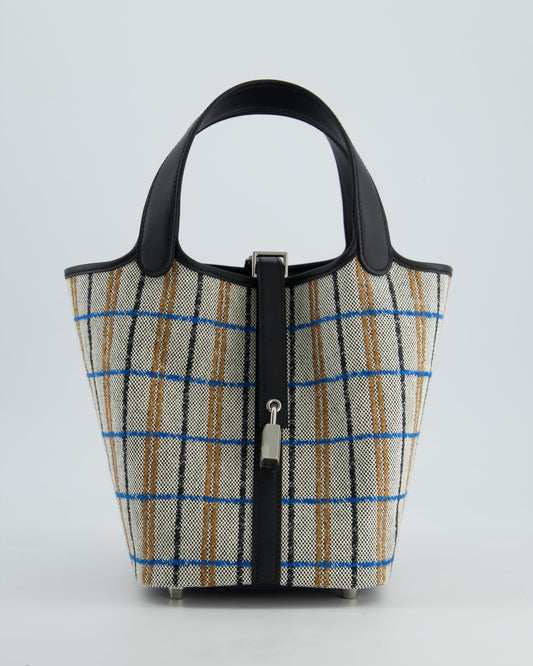 Hermes Picotin 18cm Broderie Couverture in Ecru, Noir, Fauve, Bleu Zanzibar Toile Canvas & Noir Swift Leather with Palladium Hardware