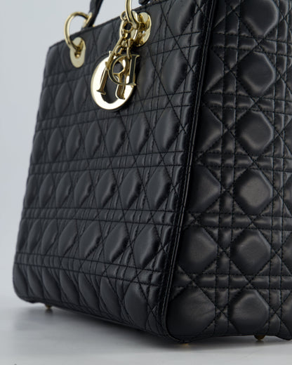 Christian Dior Large Lady Dior Bag in Black Lambskin Leather with Champagne Gold Hardware RRP £5,600