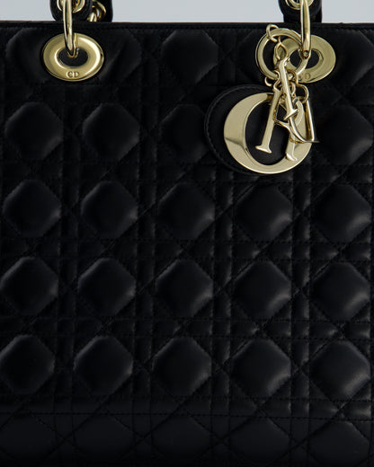 Christian Dior Large Lady Dior Bag in Black Lambskin Leather with Champagne Gold Hardware RRP £5,600