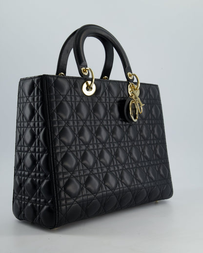 Christian Dior Large Lady Dior Bag in Black Lambskin Leather with Champagne Gold Hardware RRP £5,600