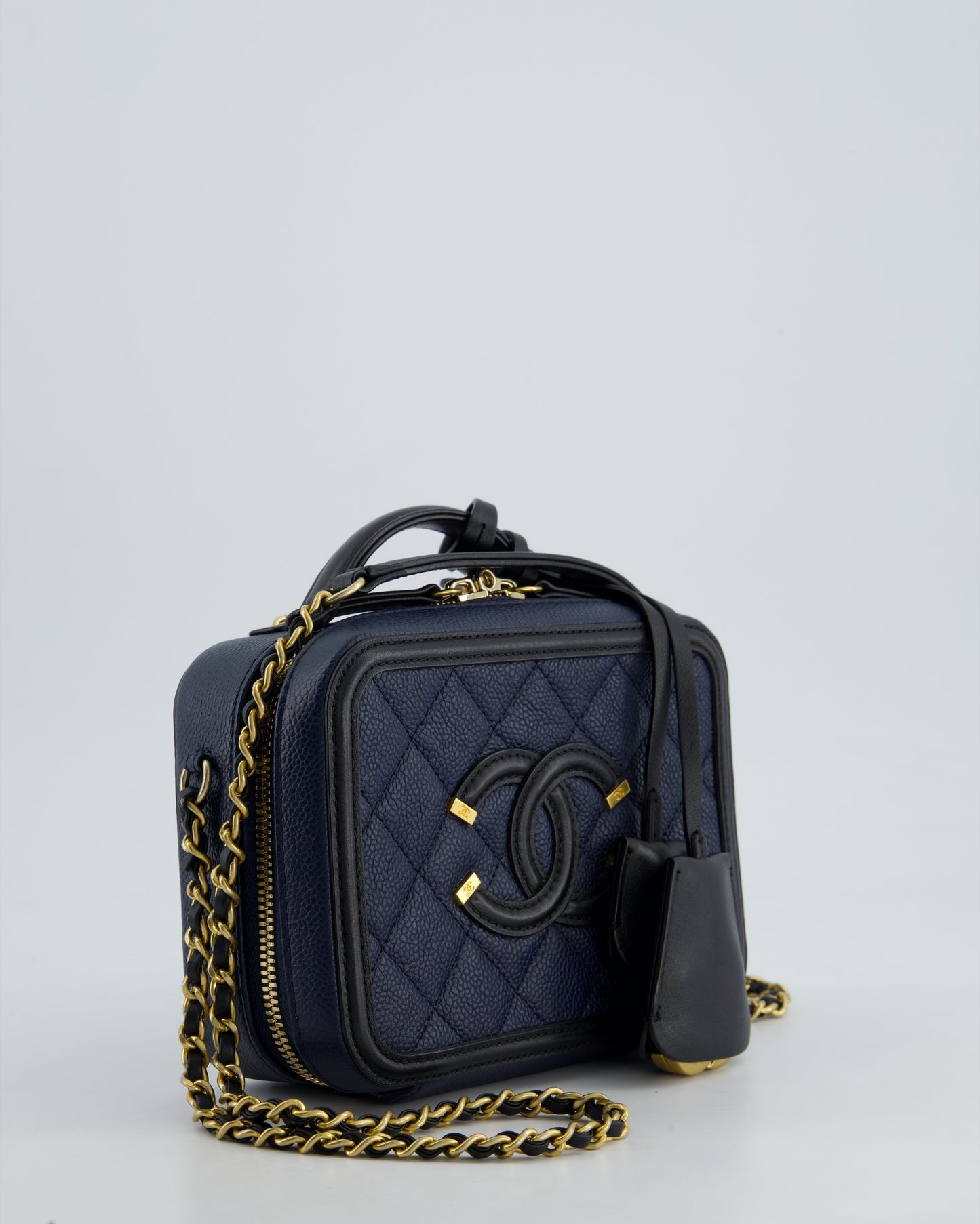*HOT* Chanel Navy & Black Small Vanity Case Bag in Caviar Leather with Brushed Gold Hardware