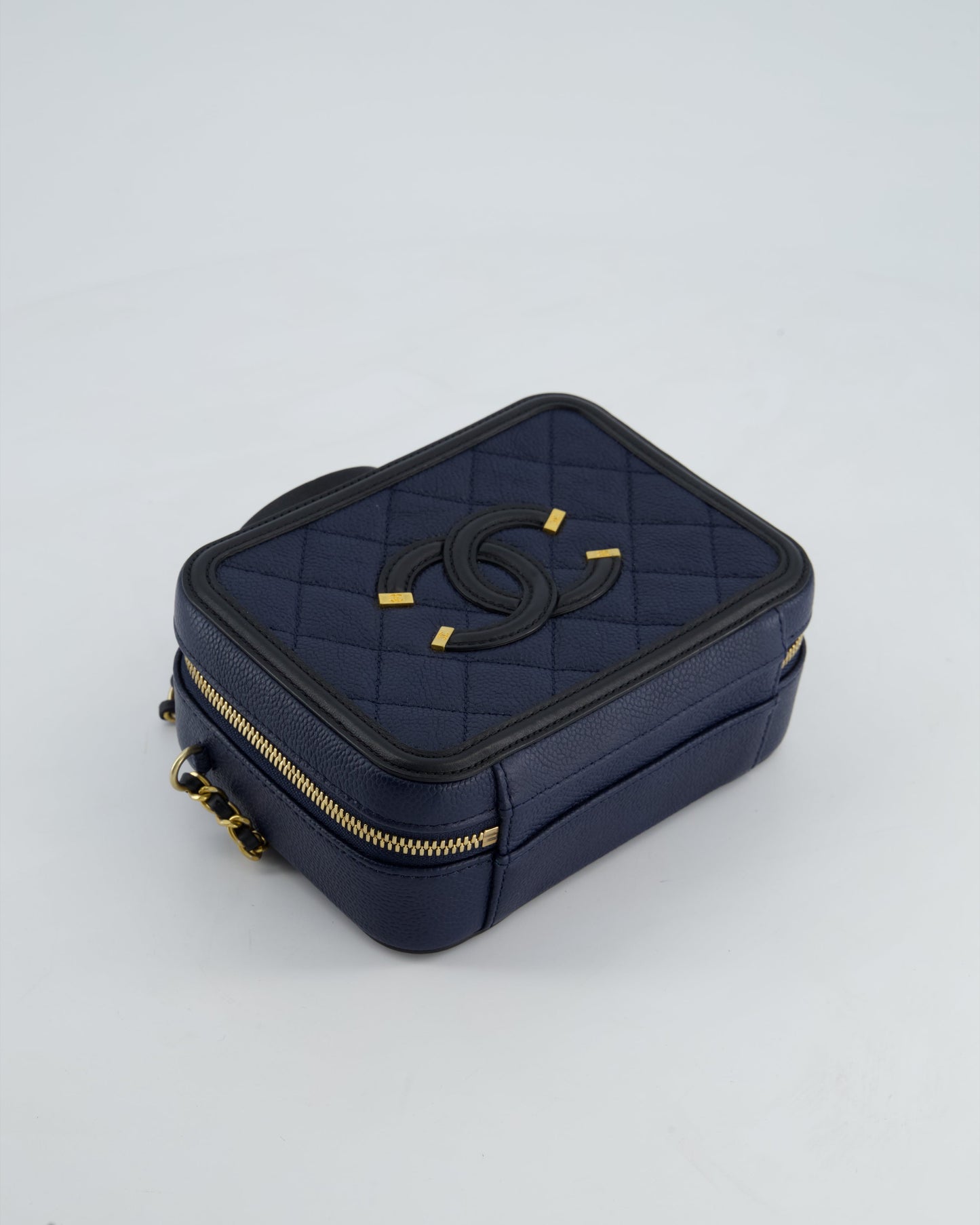 *HOT* Chanel Navy & Black Small Vanity Case Bag in Caviar Leather with Brushed Gold Hardware