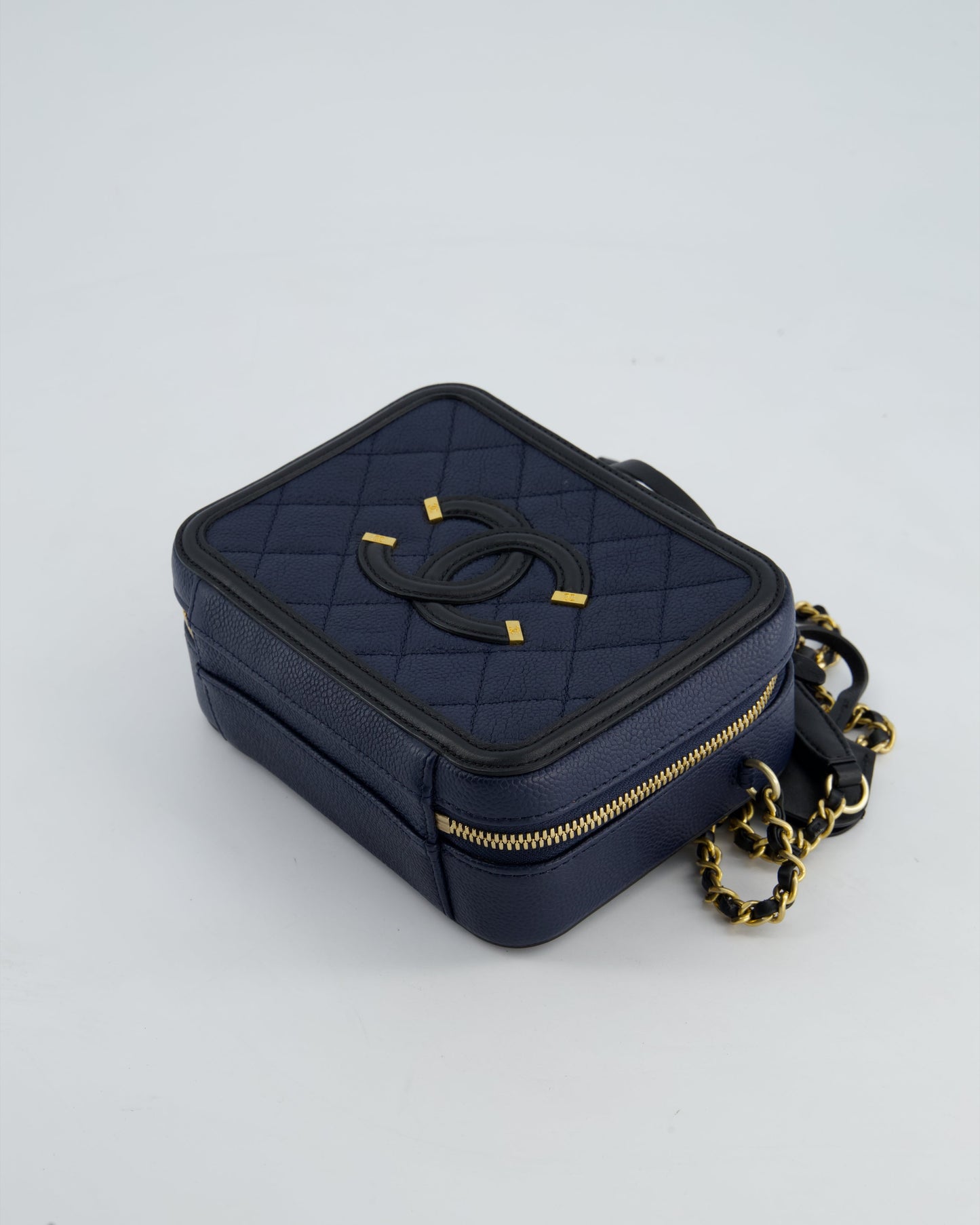 *HOT* Chanel Navy & Black Small Vanity Case Bag in Caviar Leather with Brushed Gold Hardware
