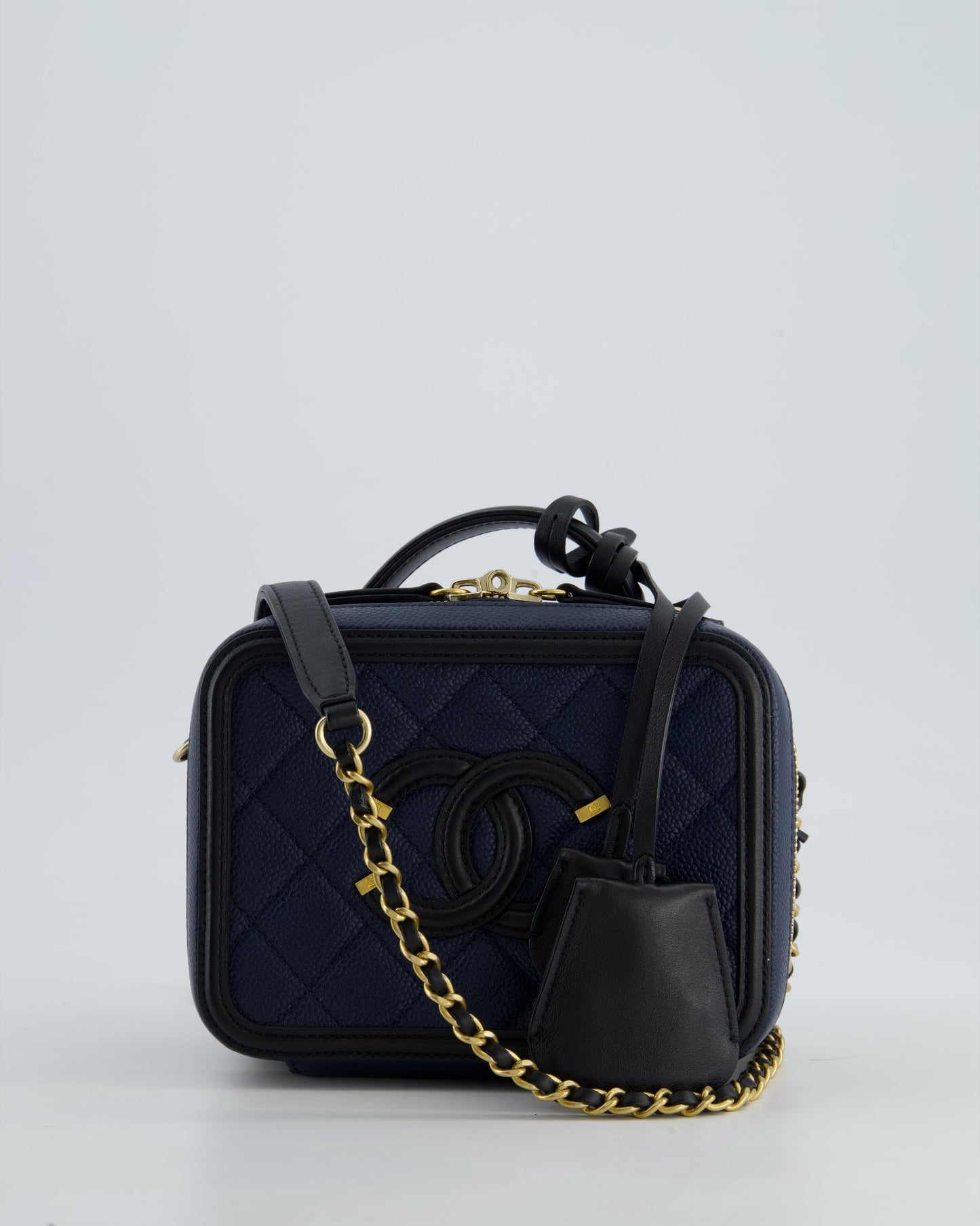 *HOT* Chanel Navy & Black Small Vanity Case Bag in Caviar Leather with Brushed Gold Hardware