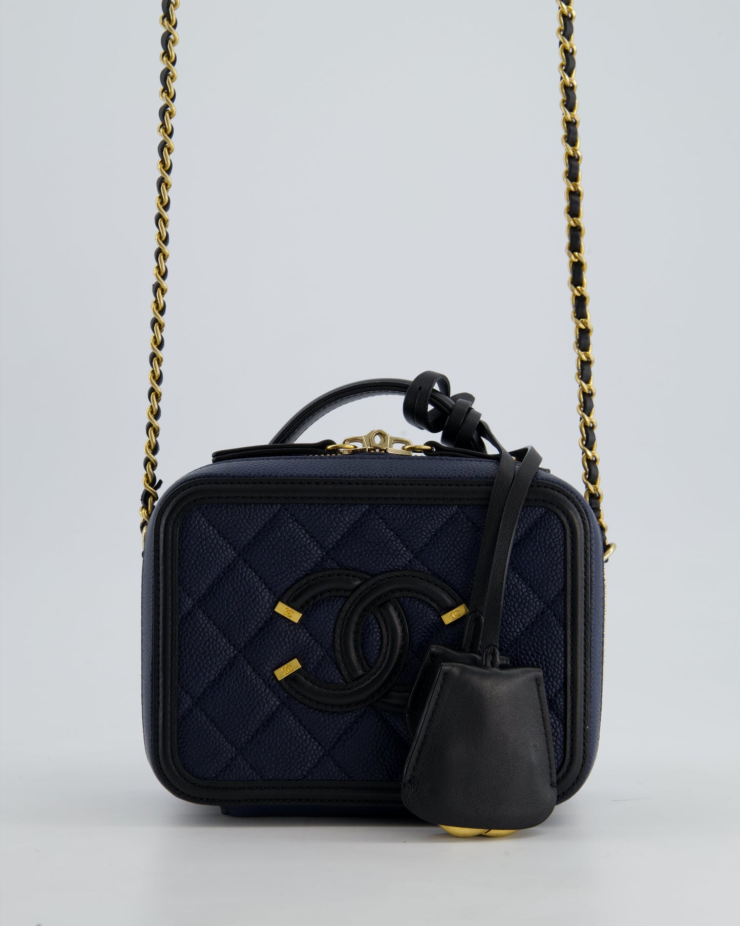 *HOT* Chanel Navy & Black Small Vanity Case Bag in Caviar Leather with Brushed Gold Hardware
