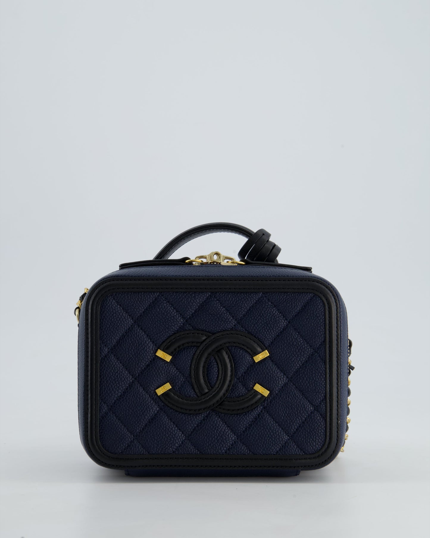 *HOT* Chanel Navy & Black Small Vanity Case Bag in Caviar Leather with Brushed Gold Hardware