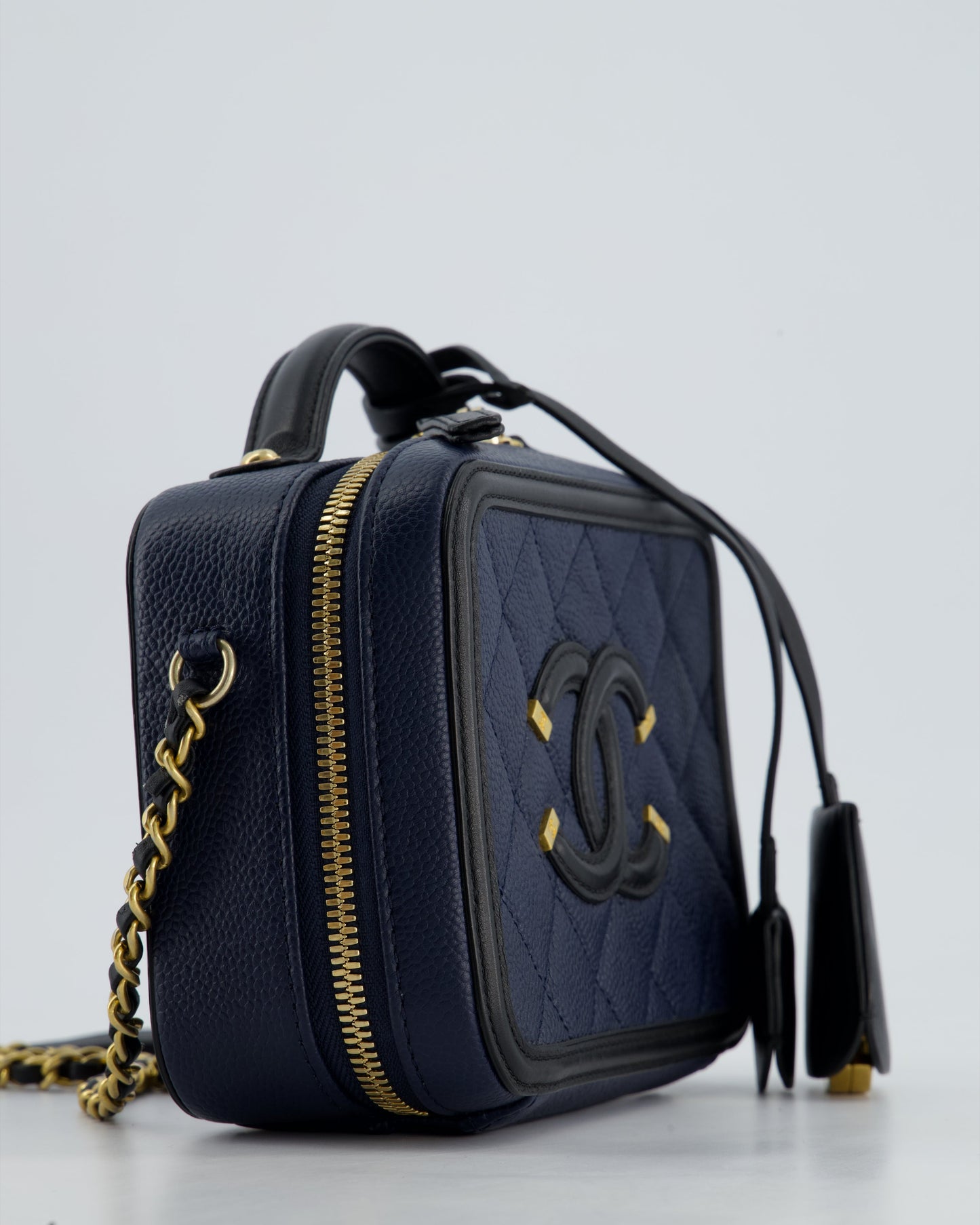 *HOT* Chanel Navy & Black Small Vanity Case Bag in Caviar Leather with Brushed Gold Hardware