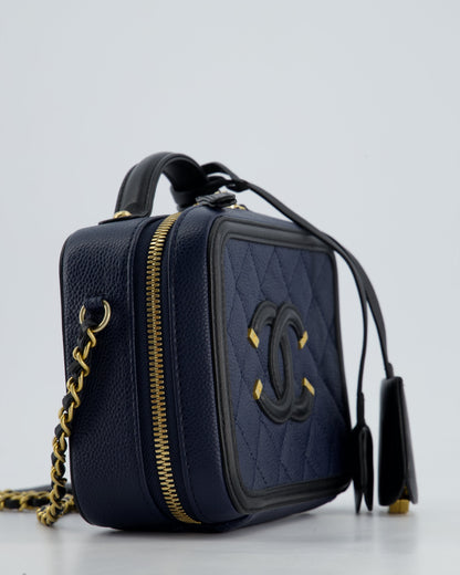 *HOT* Chanel Navy & Black Small Vanity Case Bag in Caviar Leather with Brushed Gold Hardware