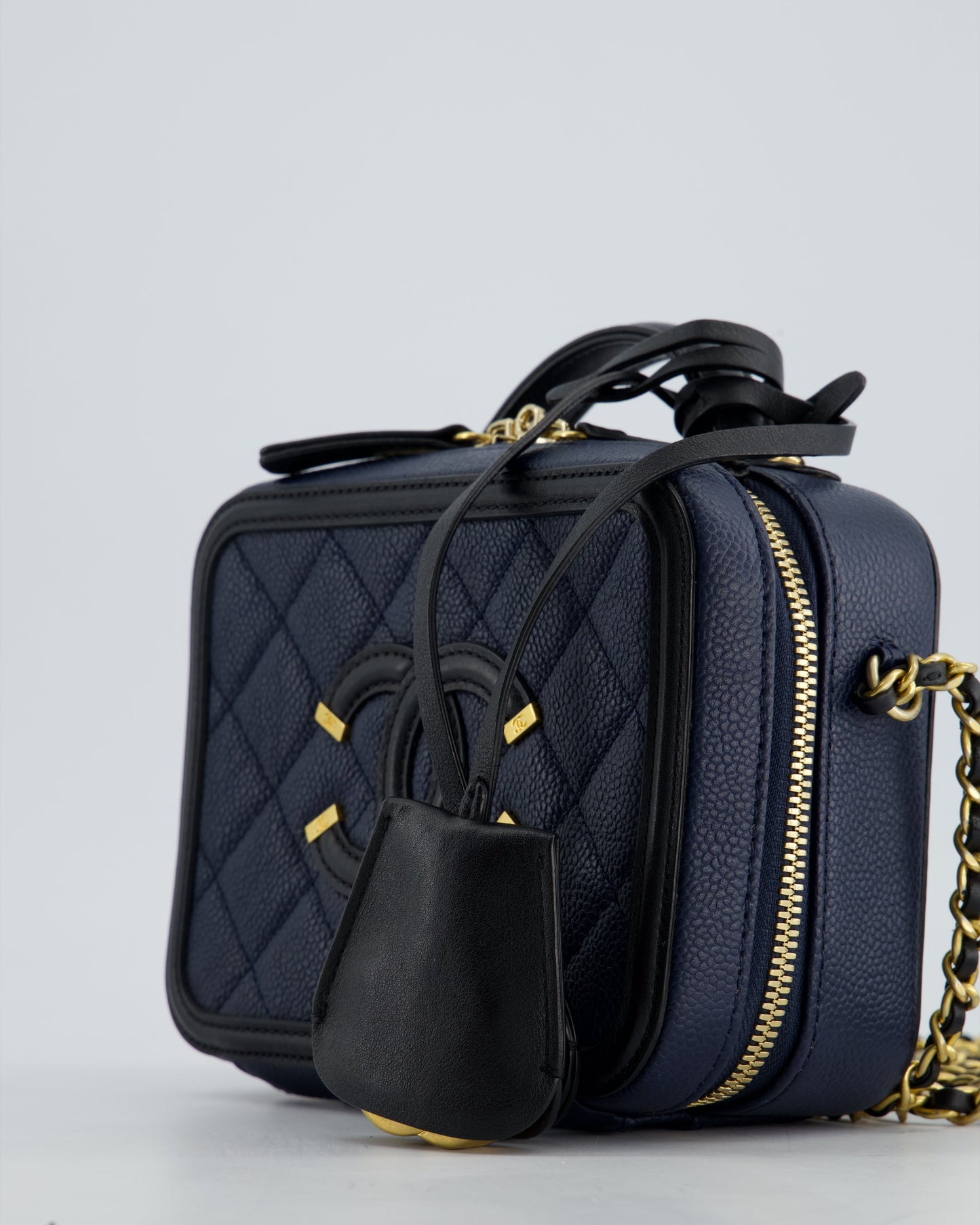 *HOT* Chanel Navy & Black Small Vanity Case Bag in Caviar Leather with Brushed Gold Hardware