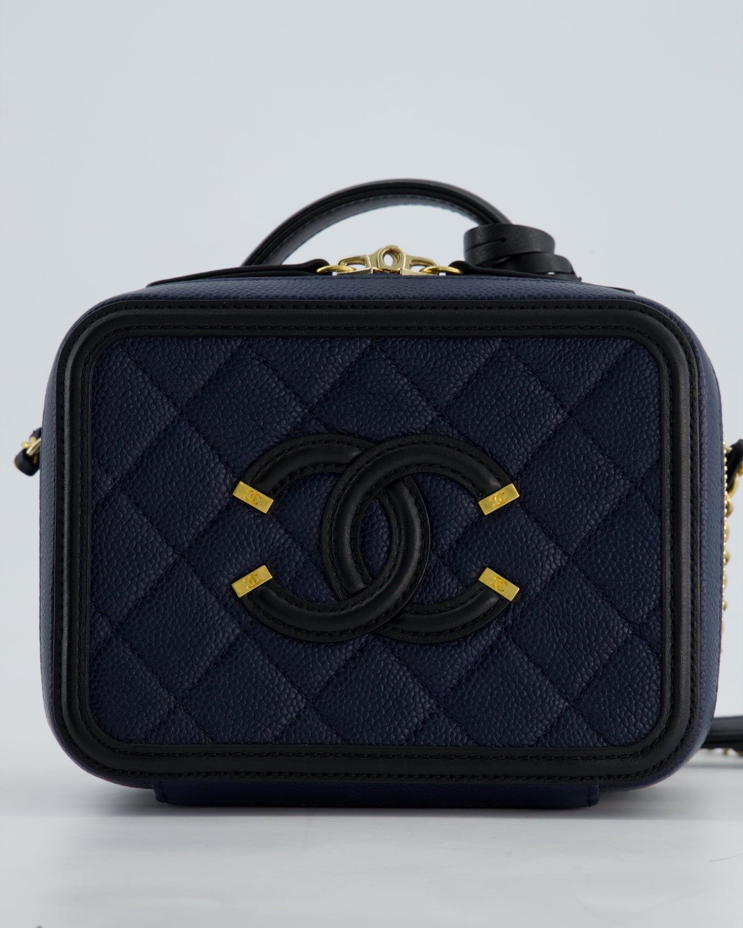 *HOT* Chanel Navy & Black Small Vanity Case Bag in Caviar Leather with Brushed Gold Hardware