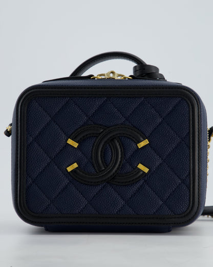 *HOT* Chanel Navy & Black Small Vanity Case Bag in Caviar Leather with Brushed Gold Hardware