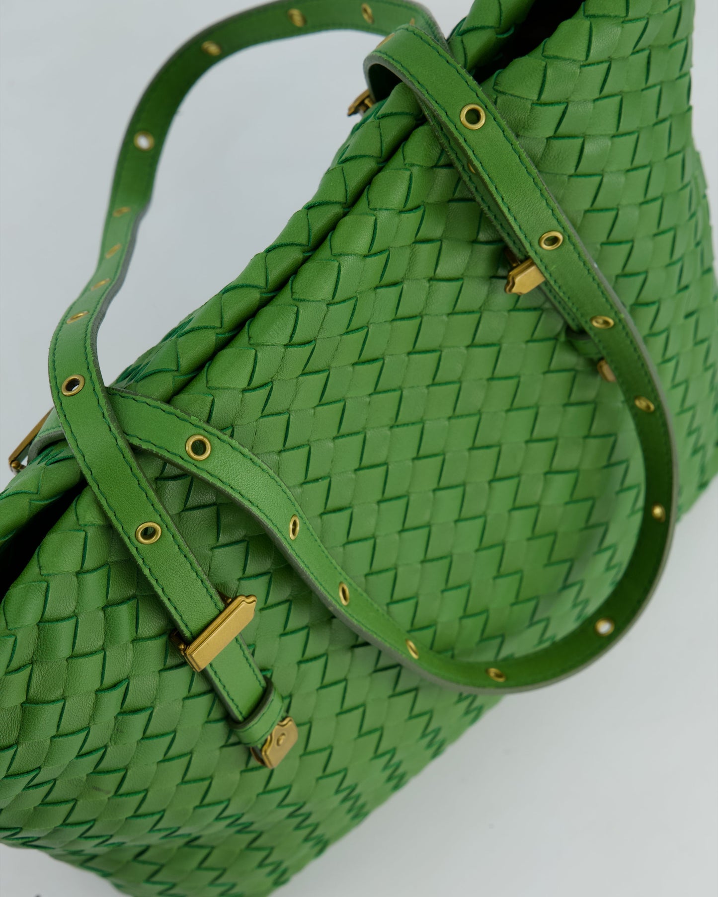 Vintage Bottega Veneta Small Parachute Bag in Green Intrecciato Leather with Gold Hardware